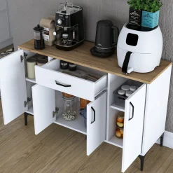 Credenza Bianco Marrone Rovere un Cassetto 2 Ripiani 120x40x79h cm, Apertura Battente, Scorrevole - Piobbico