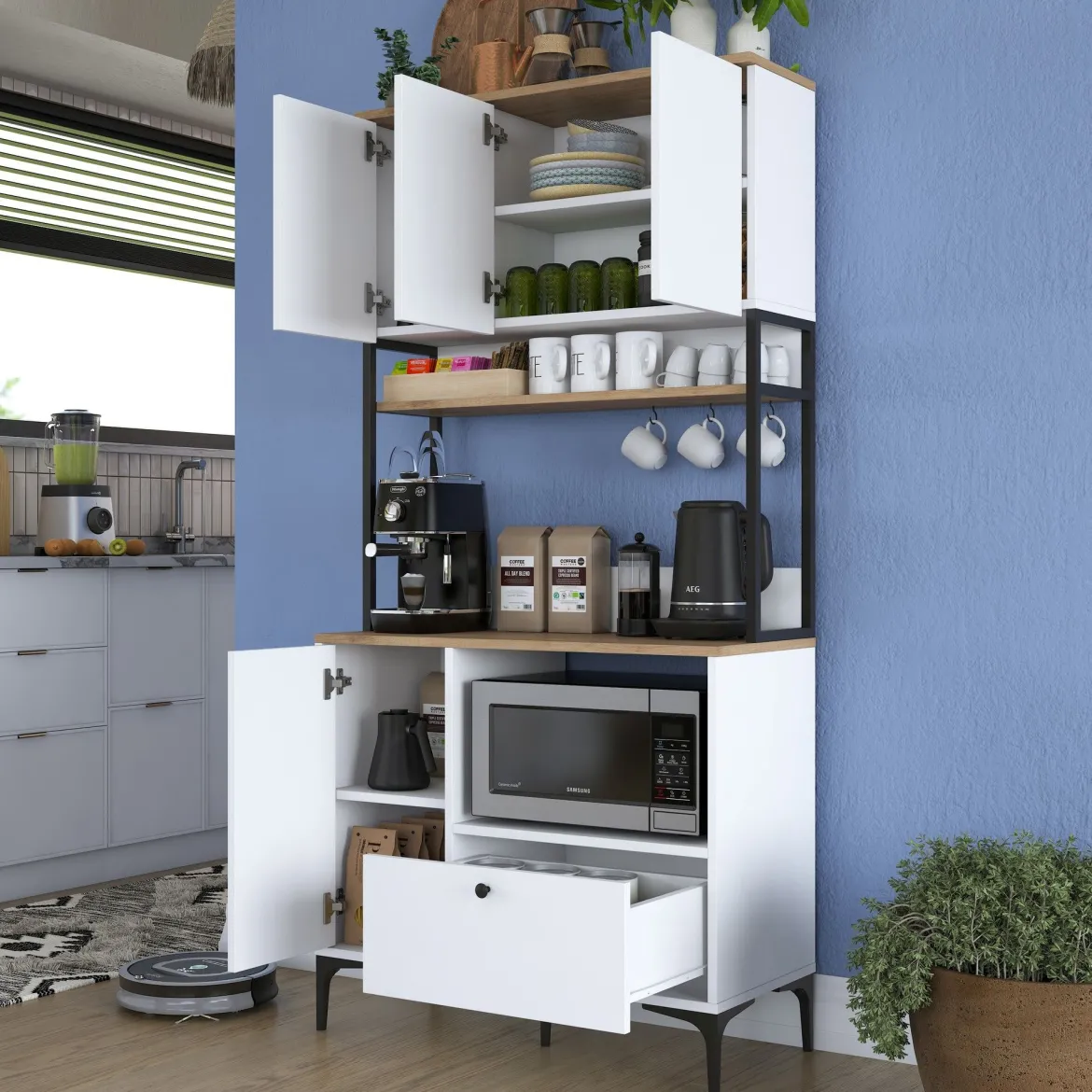 Credenza Bianco Marrone Rovere un Cassetto 4 Ripiani 102.5x40x94h cm, Apertura Battente e Scorrevole - Levate