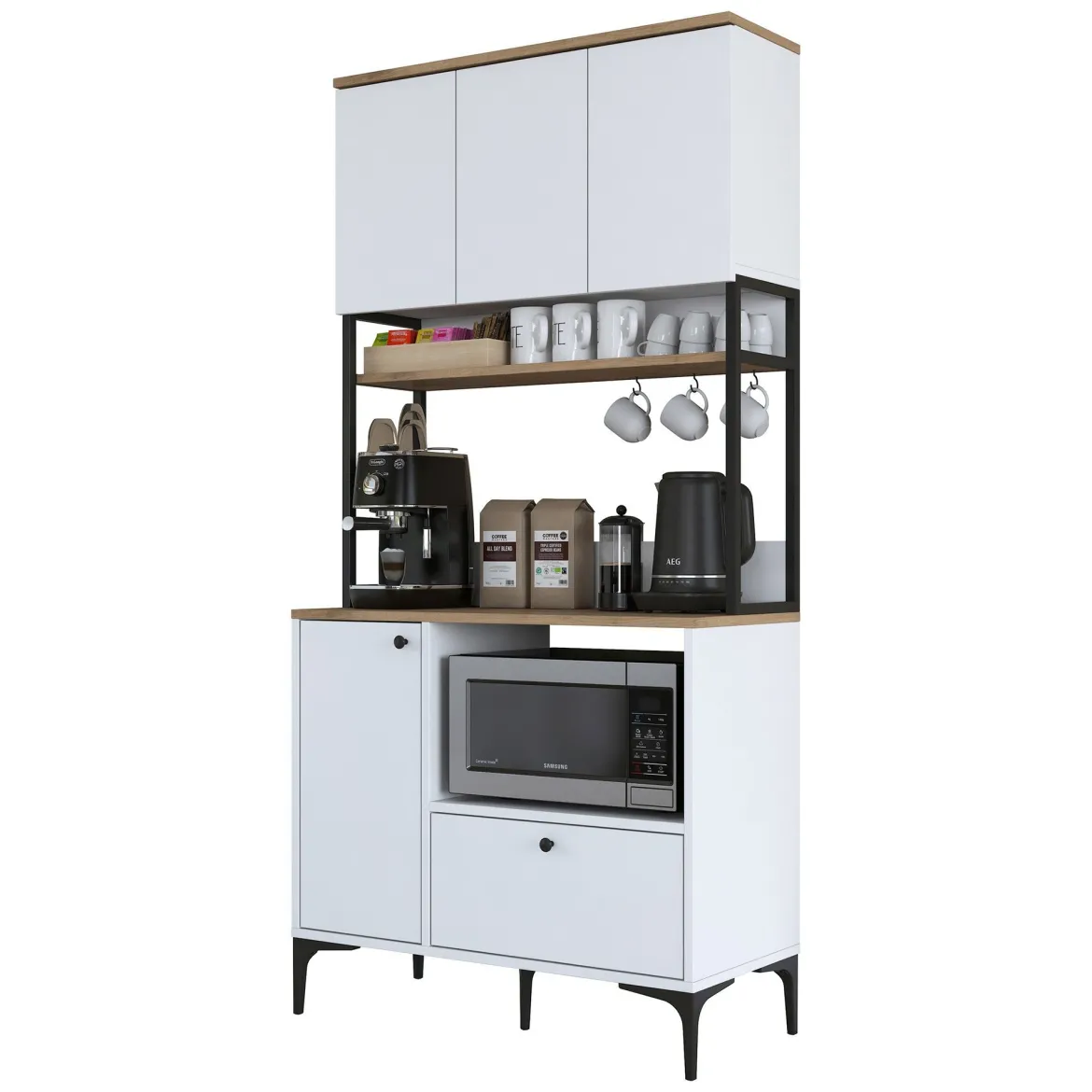 Credenza Bianco Marrone Rovere un Cassetto 4 Ripiani 102.5x40x94h cm, Apertura Battente e Scorrevole - Levate