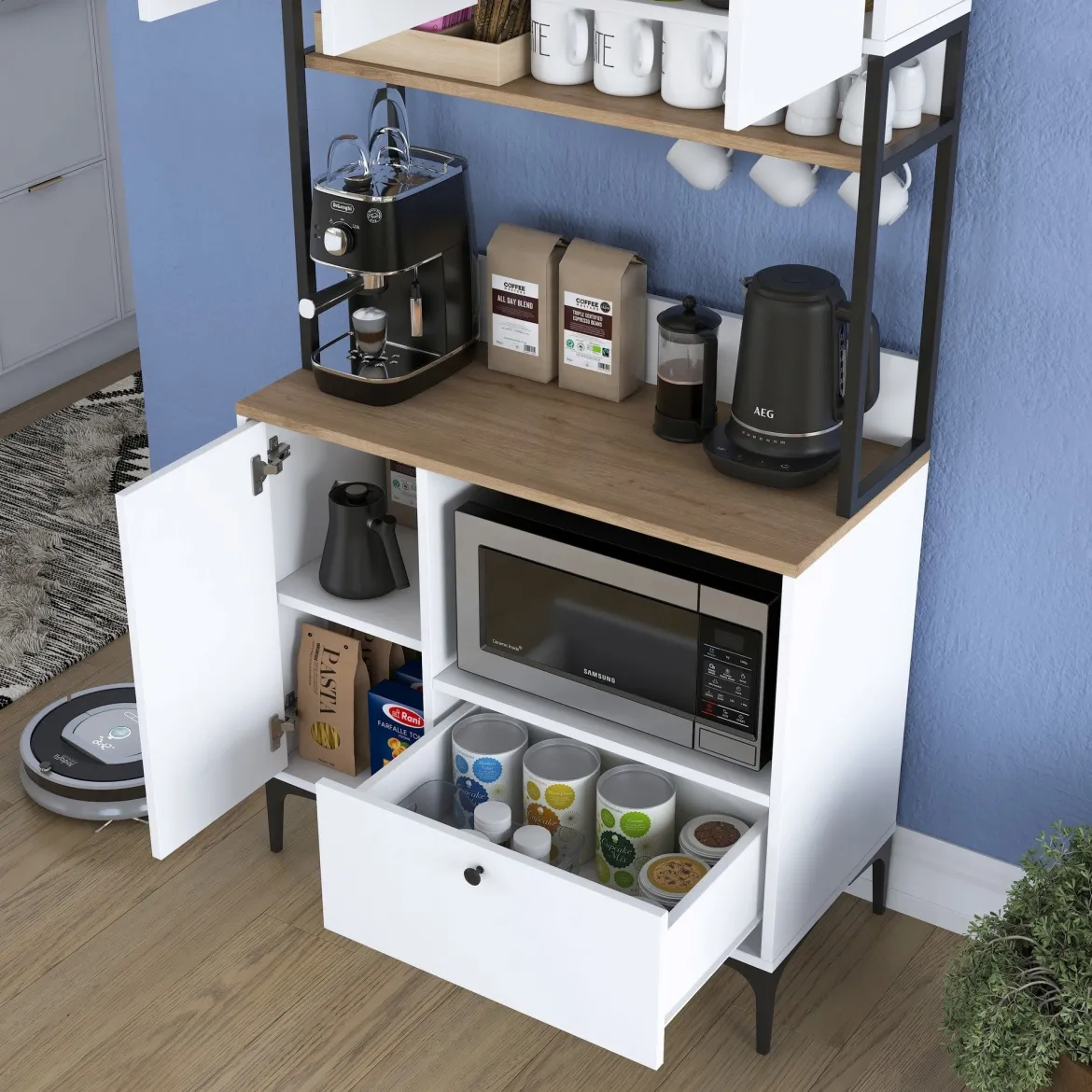 Credenza Bianco Marrone Rovere un Cassetto 4 Ripiani 102.5x40x94h cm, Apertura Battente e Scorrevole - Levate