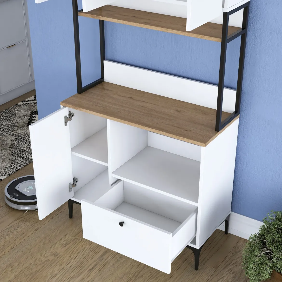 Credenza Bianco Marrone Rovere un Cassetto 2 Ripiani 90x38x184h cm, Apertura Battente, Scorrevole - Rapone