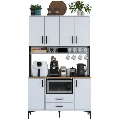 Credenza Bianco Nero 2 Cassetti 5 Ripiani 120x38x199h cm, Apertura Battente, Scorrevole - Mairago