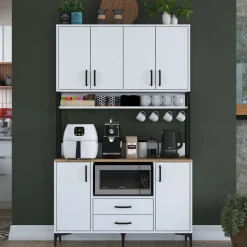 Credenza Bianco Nero 2 Cassetti 5 Ripiani 120x38x199h cm, Apertura Battente, Scorrevole - Mairago