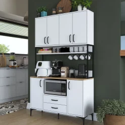 Credenza Bianco Nero 2 Cassetti 5 Ripiani 120x38x199h cm, Apertura Battente, Scorrevole - Mairago