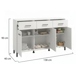 Credenza Bianco Nero 3 Ripiani 3 Cassetti 138x40x90h cm, 3 Ante - Laerru