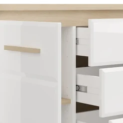 Credenza Bianco Opaco Marrone Rovere 2 Ripiani 4 Cassetti 135x40x88h cm, Un'anta - Bicheno