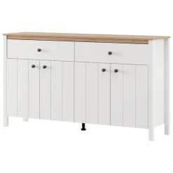 Credenza Bianco Opaco Marrone Rovere 3 Ripiani 2 Cassetti 163x40x92h cm, 4 Ante - Belve