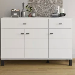 Credenza Bianco Opaco Nero 2 Cassetti 3 Ripiani 116x35x78h cm, Apertura Battente, Scorrevole - Jerico