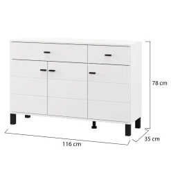 Credenza Bianco Opaco Nero 2 Cassetti 3 Ripiani 116x35x78h cm, Apertura Battente, Scorrevole - Jerico
