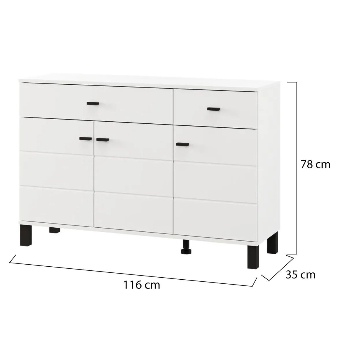 Credenza Bianco Opaco Nero 2 Cassetti 3 Ripiani 116x35x78h cm, Apertura Battente, Scorrevole - Jerico