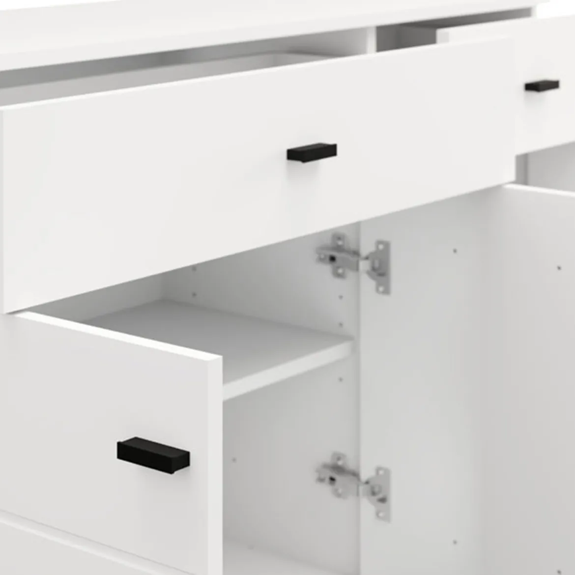 Credenza Bianco Opaco Nero 2 Cassetti 3 Ripiani 116x35x78h cm, Apertura Battente, Scorrevole - Jerico