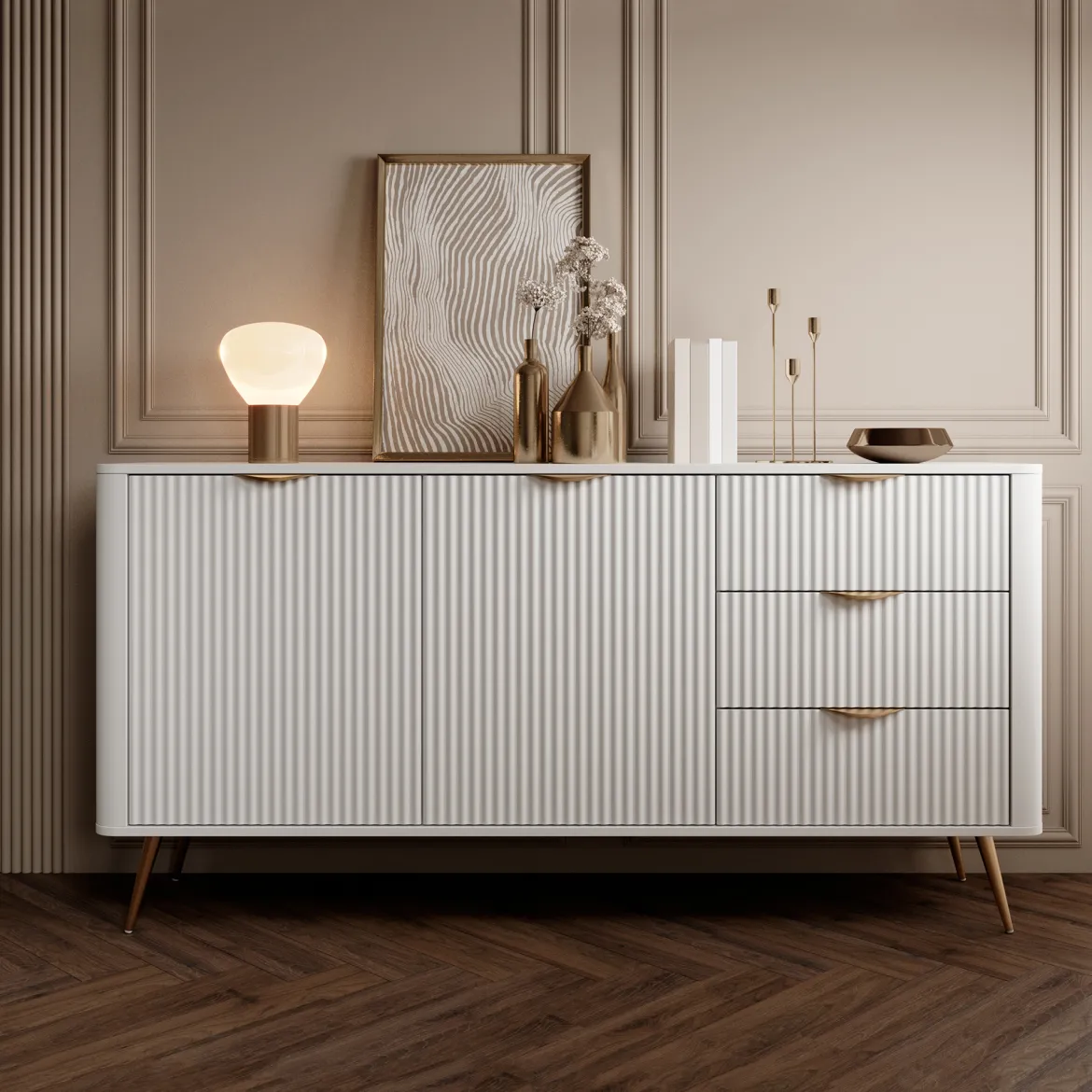 Credenza Bianco oro 3 Cassetti 2 Ripiani 163x38x81h cm, Apertura Battente, Scorrevole - Halilala