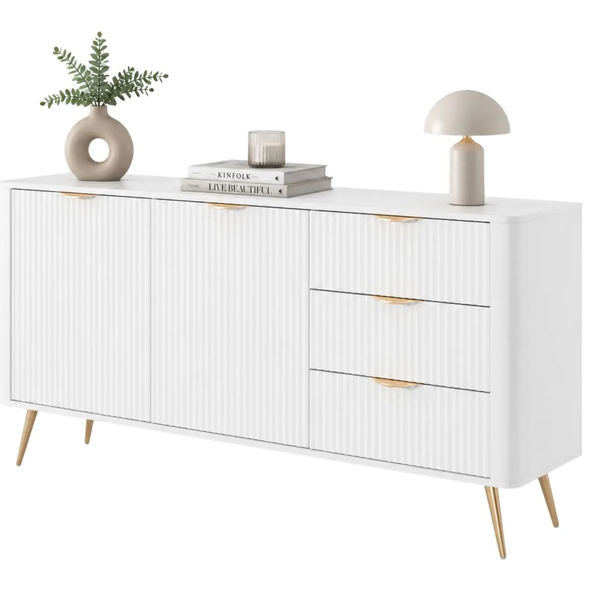 Credenza Bianco oro 3 Cassetti 2 Ripiani 163x38x81h cm, Apertura Battente, Scorrevole - Halilala