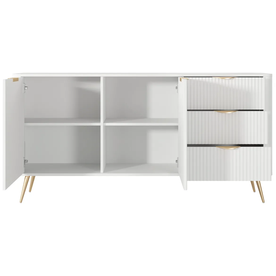 Credenza Bianco oro 3 Cassetti 2 Ripiani 163x38x81h cm, Apertura Battente, Scorrevole - Halilala
