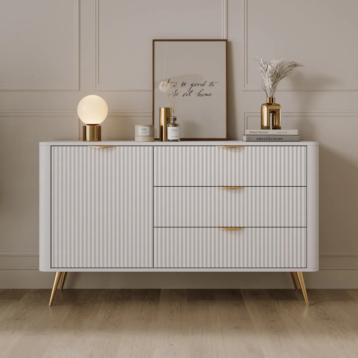 Credenza Bianco oro 6 Cassetti un Ripiano 163x38x81h cm, Apertura Scorrevole - Hali