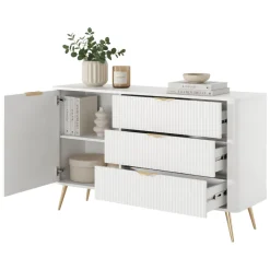 Credenza Bianco oro 3 Cassetti un Ripiano 138x38x81h cm, Apertura Battente, Scorrevole - Halilomo