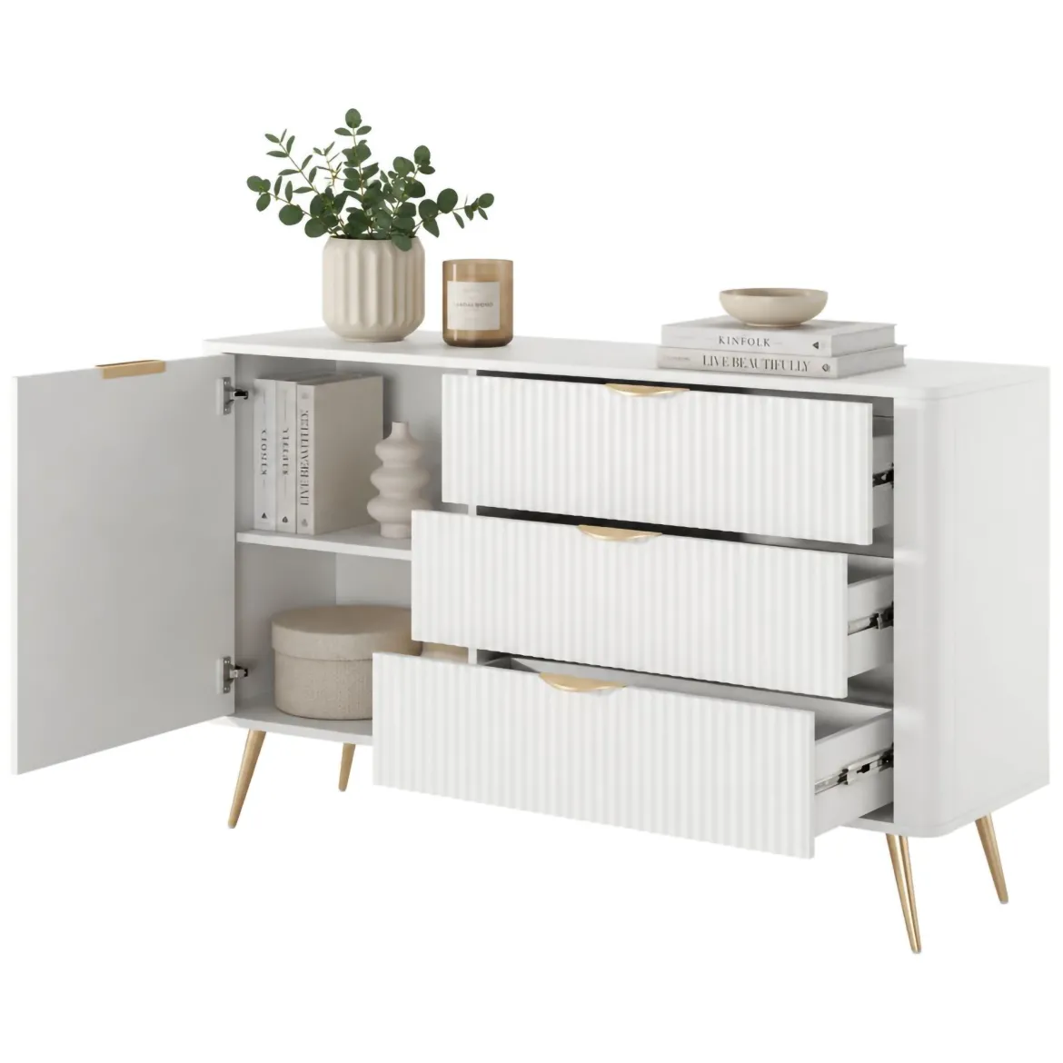Credenza Bianco oro 6 Cassetti un Ripiano 163x38x81h cm, Apertura Scorrevole - Hali