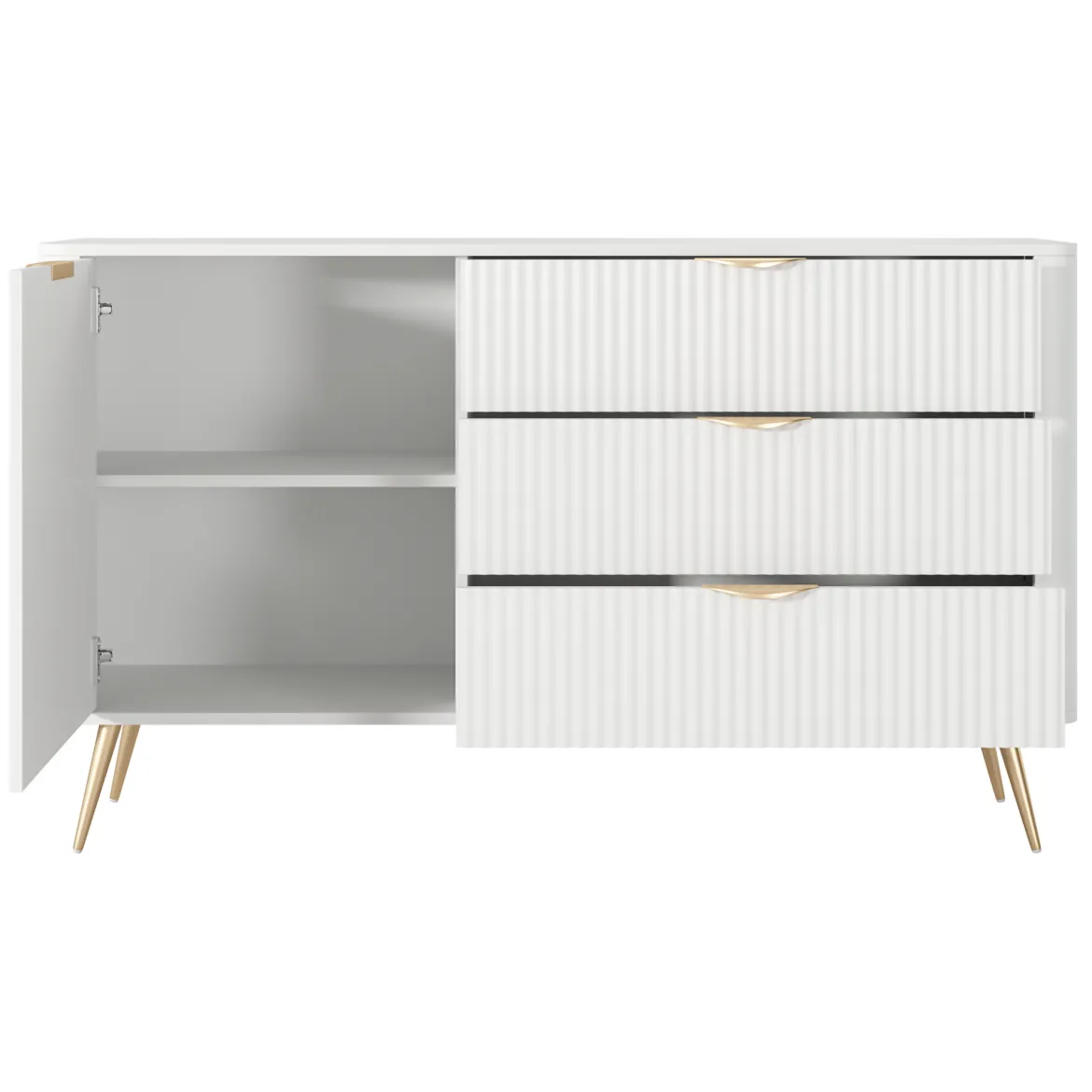 Credenza Bianco oro 6 Cassetti un Ripiano 163x38x81h cm, Apertura Scorrevole - Hali