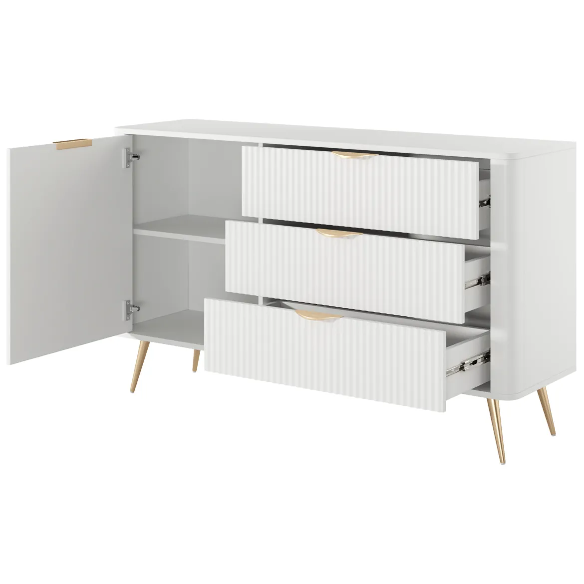 Credenza Bianco oro 6 Cassetti un Ripiano 163x38x81h cm, Apertura Scorrevole - Hali