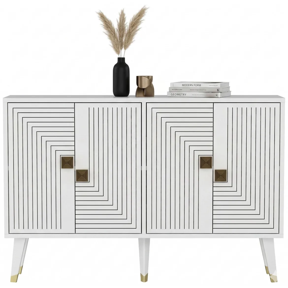 Credenza Bianco oro 2 Ripiani 4 Ante 120x30x80h cm, Effetto Geometrico - Thiene