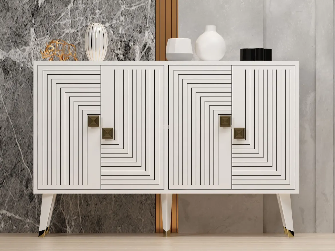 Credenza Bianco oro 2 Ripiani 4 Ante 120x30x80h cm, Effetto Geometrico - Thiene