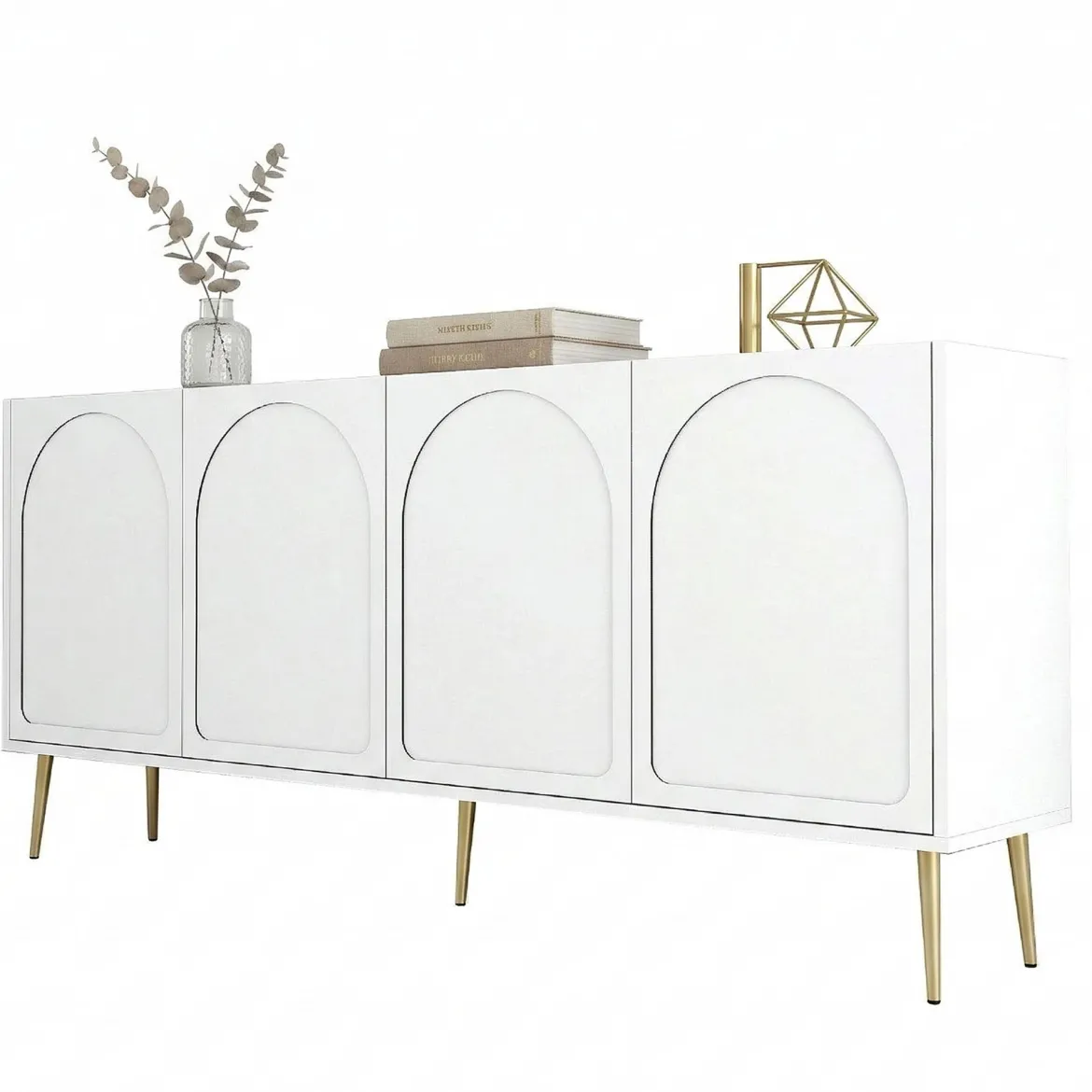 Credenza Bianco oro 2 Ripiani 4 Ante 180x35x80h cm, 4 Vani - Torno
