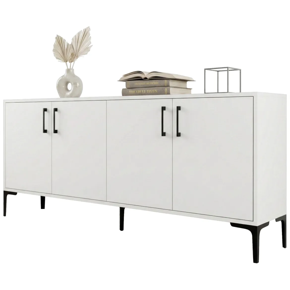 Credenza Bianco 2 Ripiani 4 Ante 180x35x78h cm, 4 Vani - Pollein