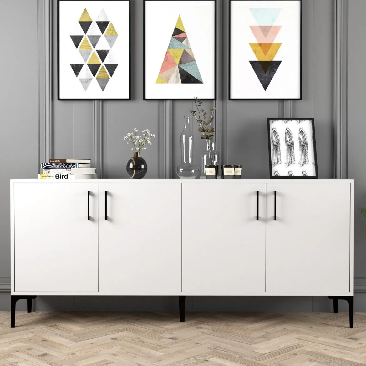 Credenza Bianco 2 Ripiani 4 Ante 180x35x78h cm, 4 Vani - Pollein