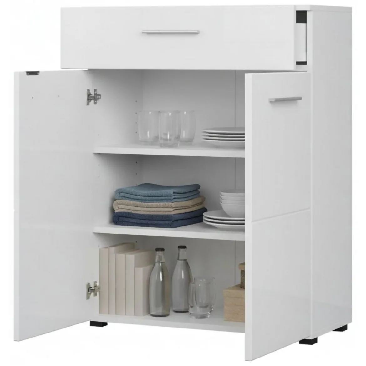 Credenza Bianco 2 Ripiani un Cassetto 79x35x97.5h cm, 3 Vani - Verduno
