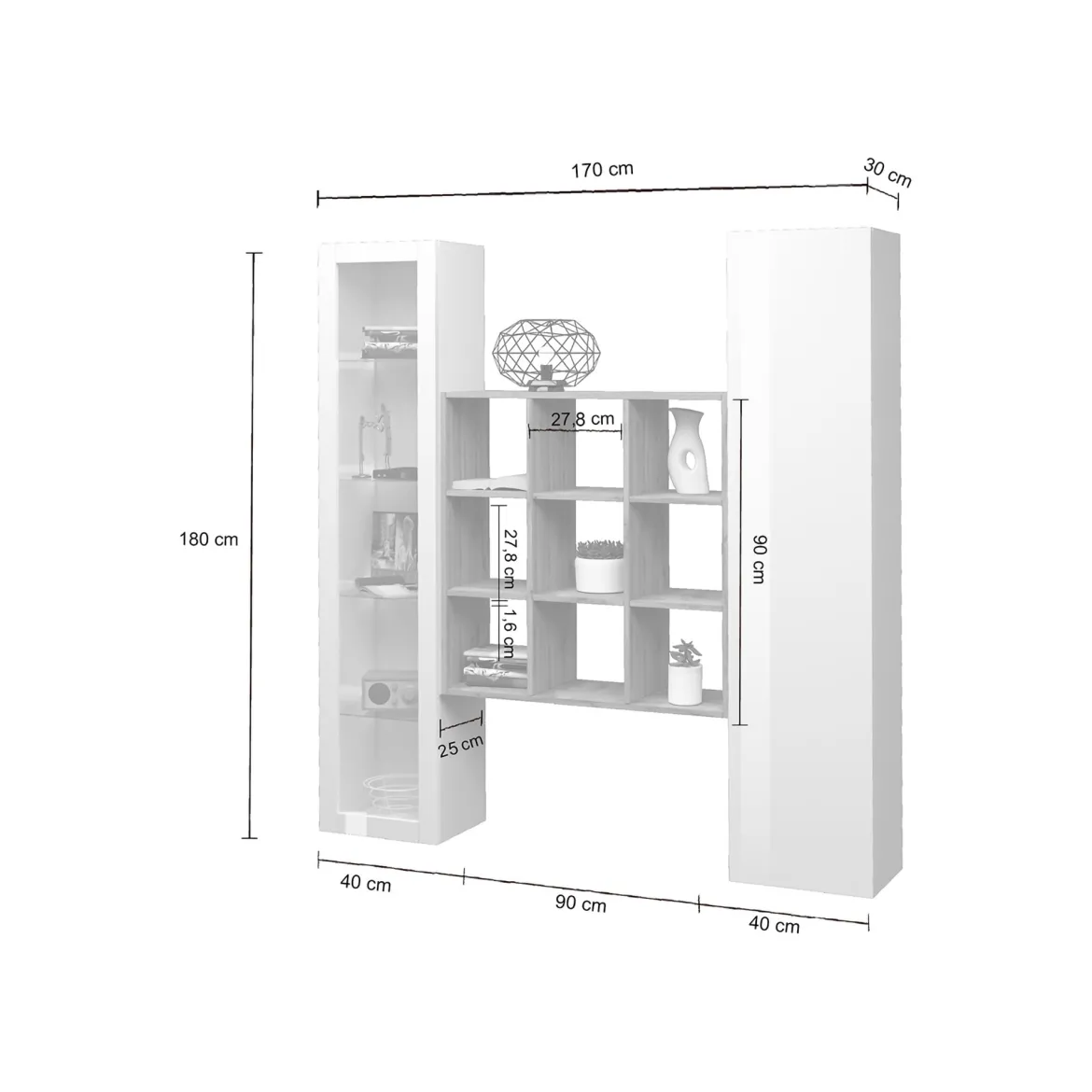 Credenza Bianco 14 Ripiani 19 Vani 40x30x180h cm, 2 Ante - Colonno
