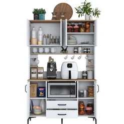 Credenza Biano Marrone 4 Ripiani 2 Cassetti 120x40x184h cm, 6 Ante - Mairag