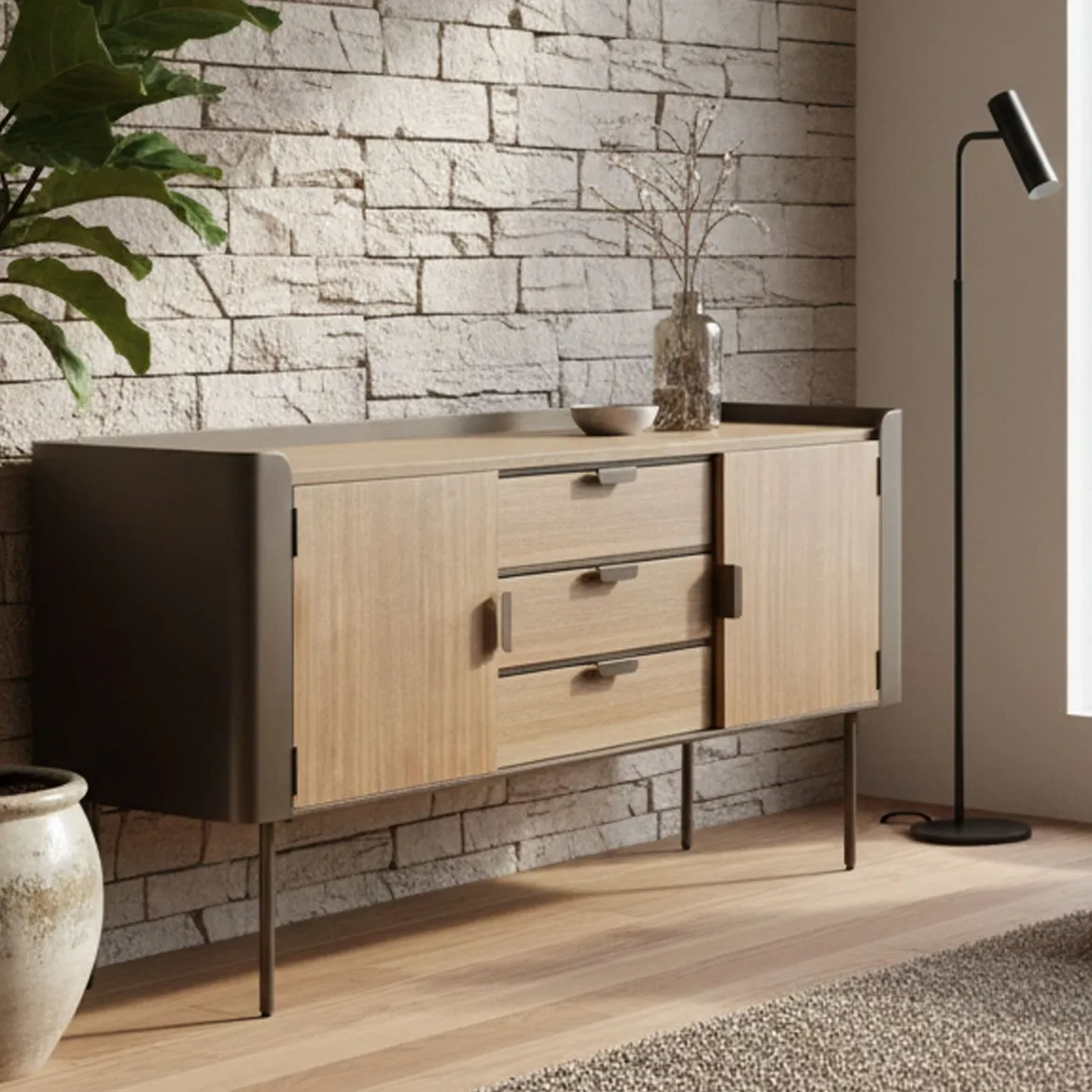 Credenza grigia e marrone 145x47x76h cm 2 ante e 3 cassetti - Jones