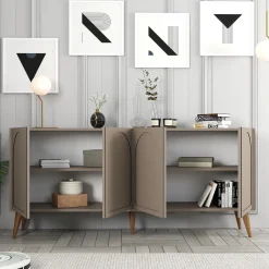Credenza Grigio Tortora Marrone Noce 2 Ripiani 4 Ante 180x35x81h cm, 4 Vani - Niscemi