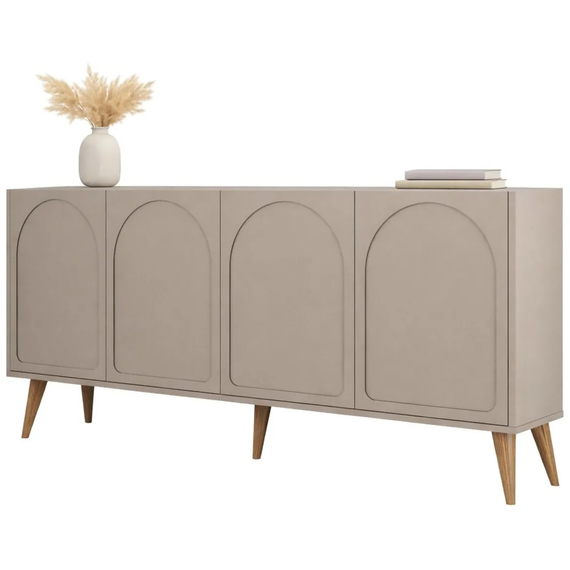 Credenza Grigio Tortora Marrone Noce 2 Ripiani 4 Ante 180x35x81h cm, 4 Vani - Niscemi
