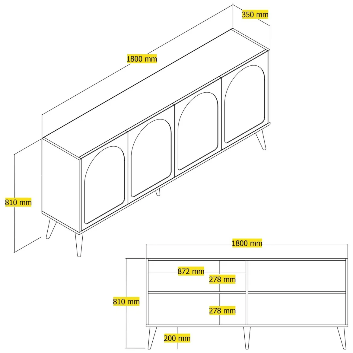 Credenza Grigio Tortora Marrone Noce 2 Ripiani 4 Ante 180x35x81h cm, 4 Vani - Niscemi