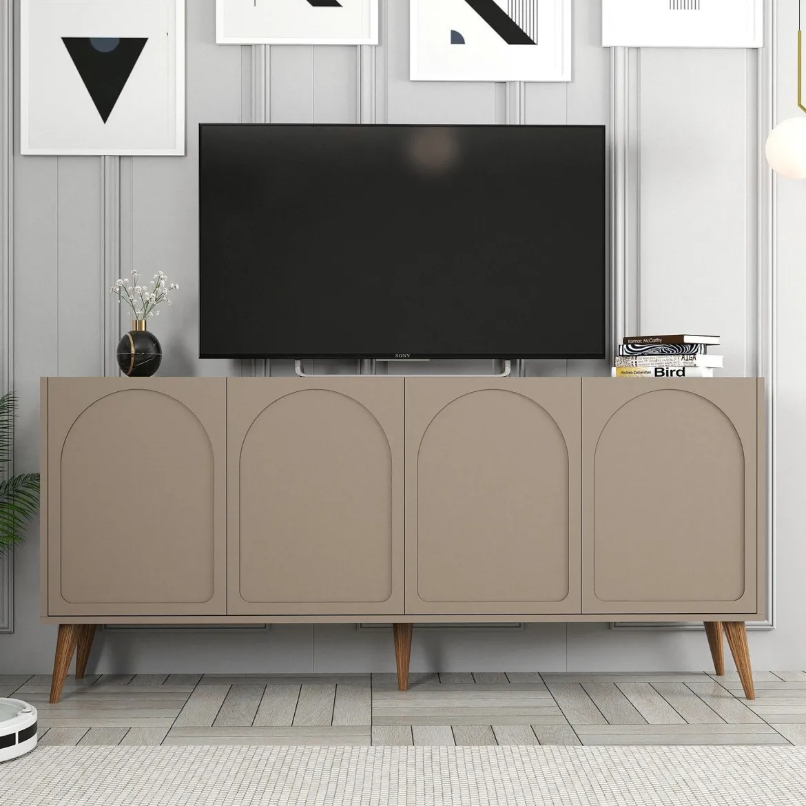 Credenza Grigio Tortora Marrone Noce 2 Ripiani 4 Ante 180x35x81h cm, 4 Vani - Niscemi