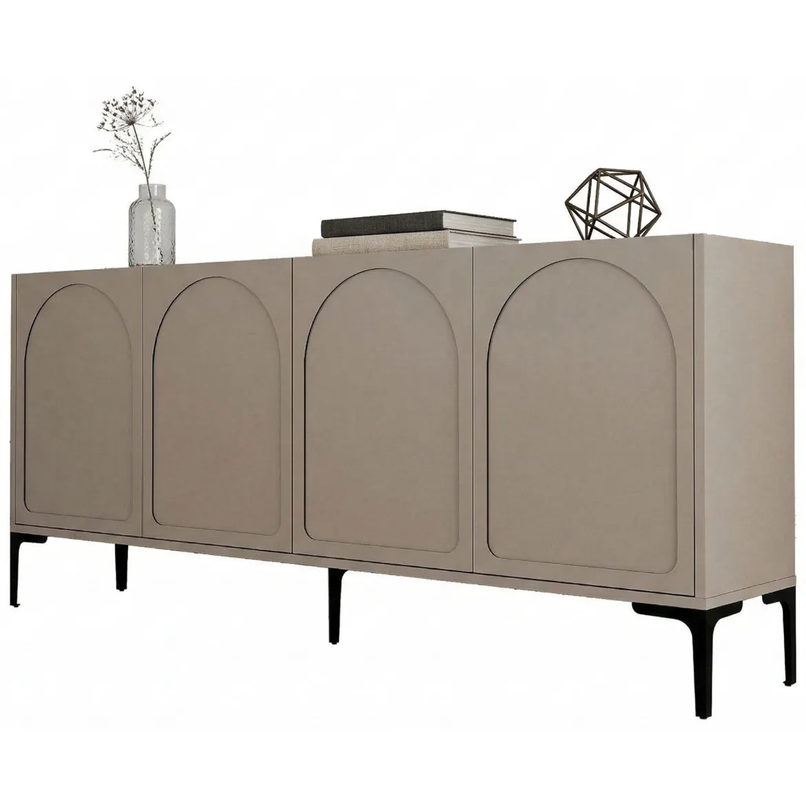 Credenza Grigio Tortora Nero 2 Ripiani 4 Vani 180x35x79h cm, 4 Ante - Torno