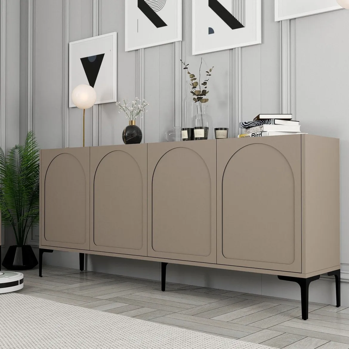 Credenza Grigio Tortora Nero 2 Ripiani 4 Vani 180x35x79h cm, 4 Ante - Torno