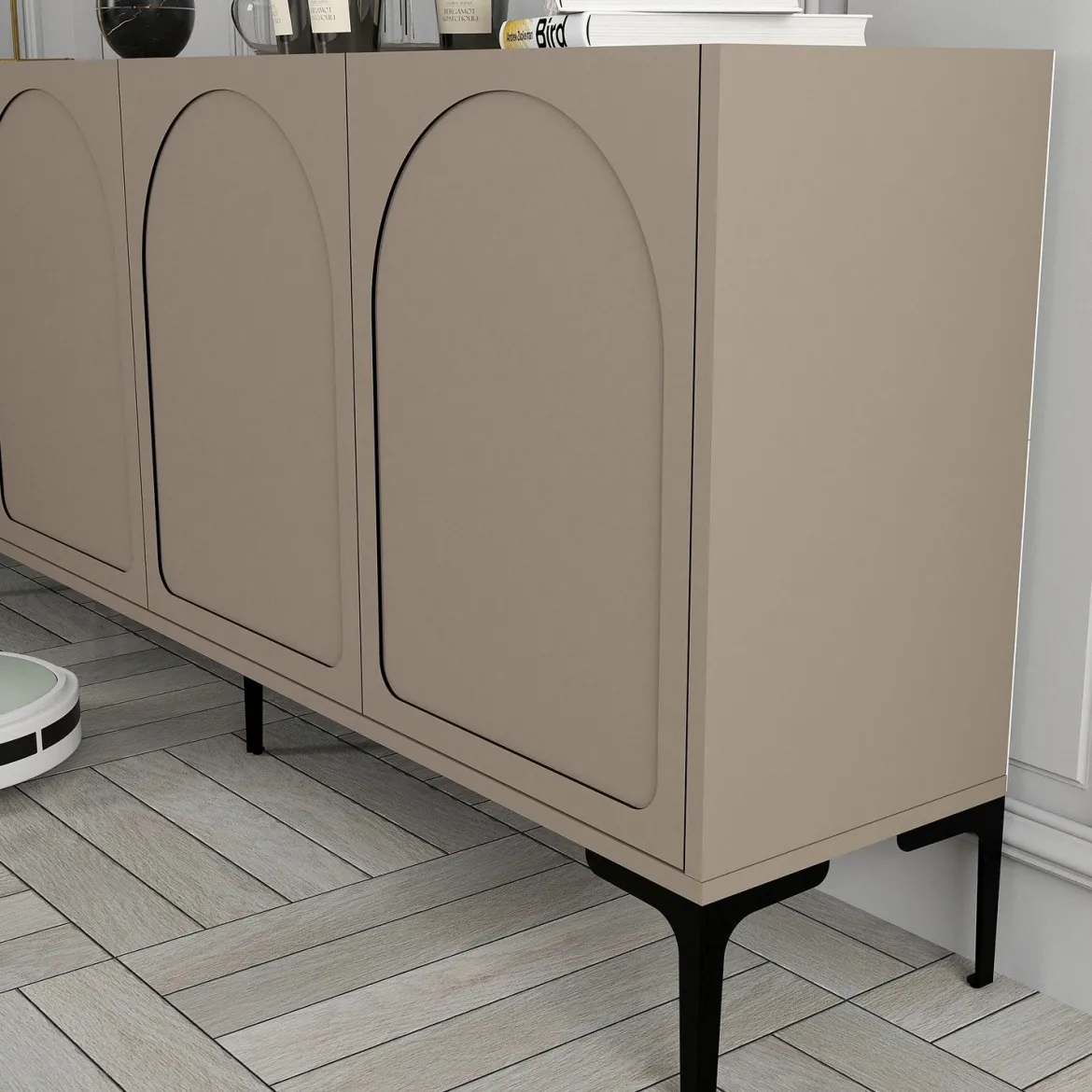 Credenza Grigio Tortora Nero 2 Ripiani 4 Vani 180x35x79h cm, 4 Ante - Torno