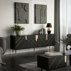 Credenza Landiona, 204x40 h72 cm, Nero e Oro