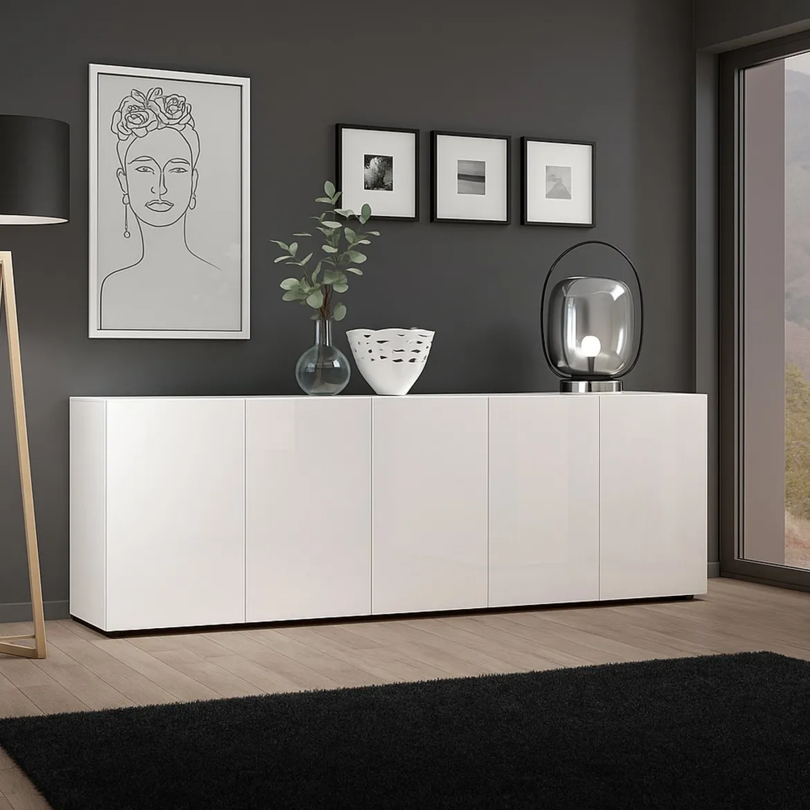 Credenza larga bianco lucida 225x38x79h cm 5 ante - Macaria