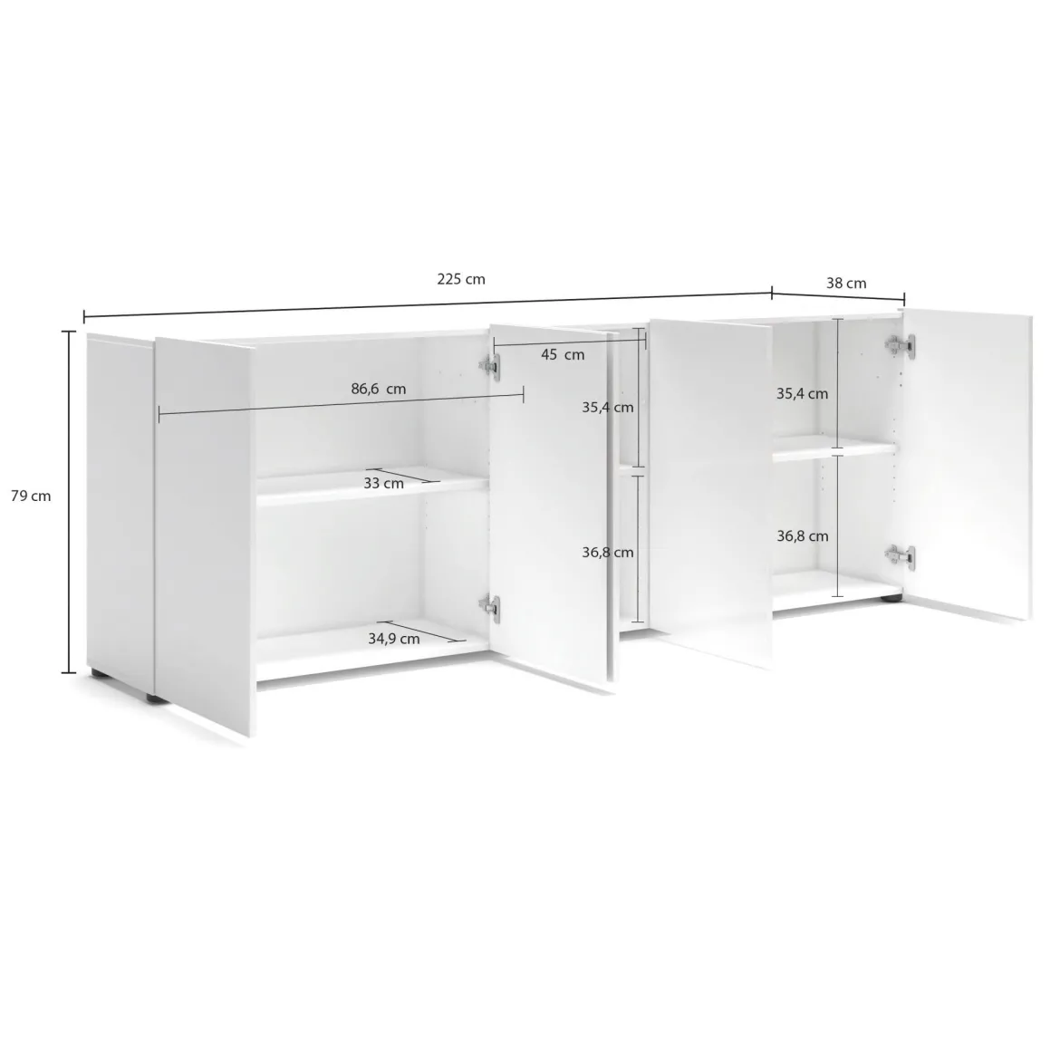 Credenza larga bianco lucida 225x38x79h cm 5 ante - Macaria