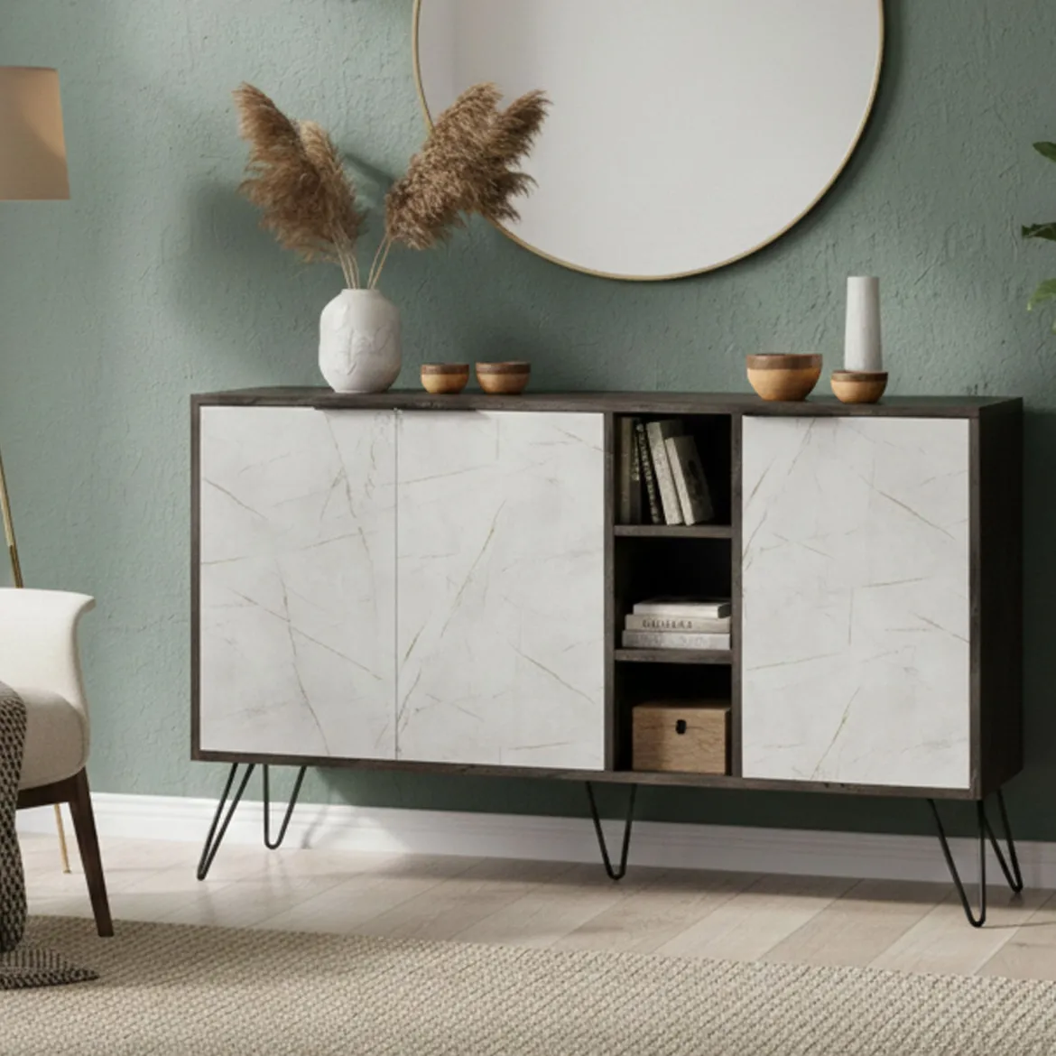 Credenza marrone e marmo 142x35x83h cm 3 ante - Arlene