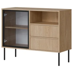 Credenza Marrone Nero 2 Cassetti 2 Ripiani 100x40x80h cm, Apertura Battente, Scorrevole - Caravino