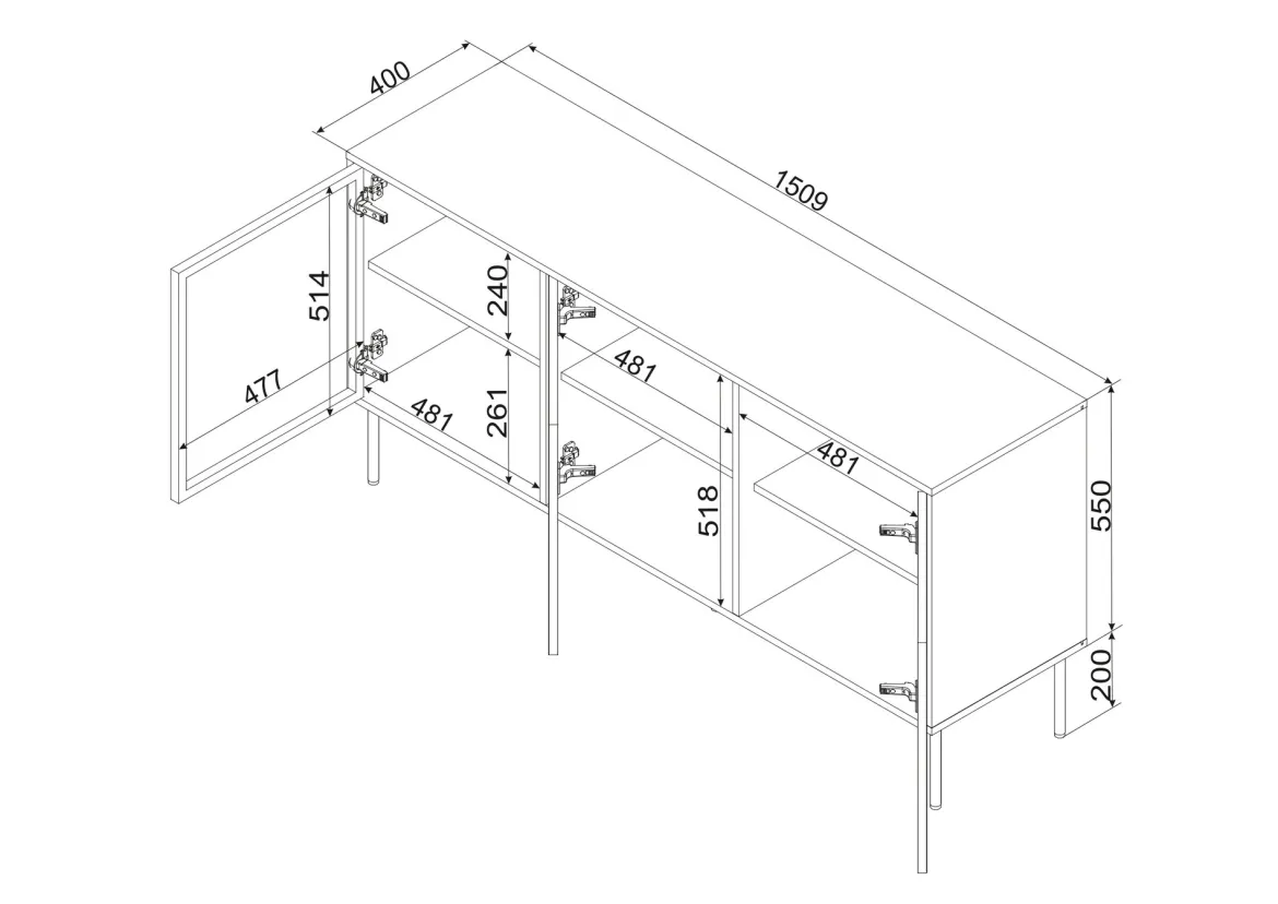 Credenza Marrone Nero 3 Ripiani Apertura Battente 150x40x75h cm, 3 Ante - Conzano