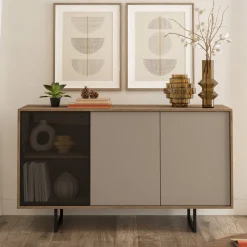 Credenza Marrone Noce Beige Cassetti 3 Ripiani 184x40x87h cm, Apertura Battente - Capena