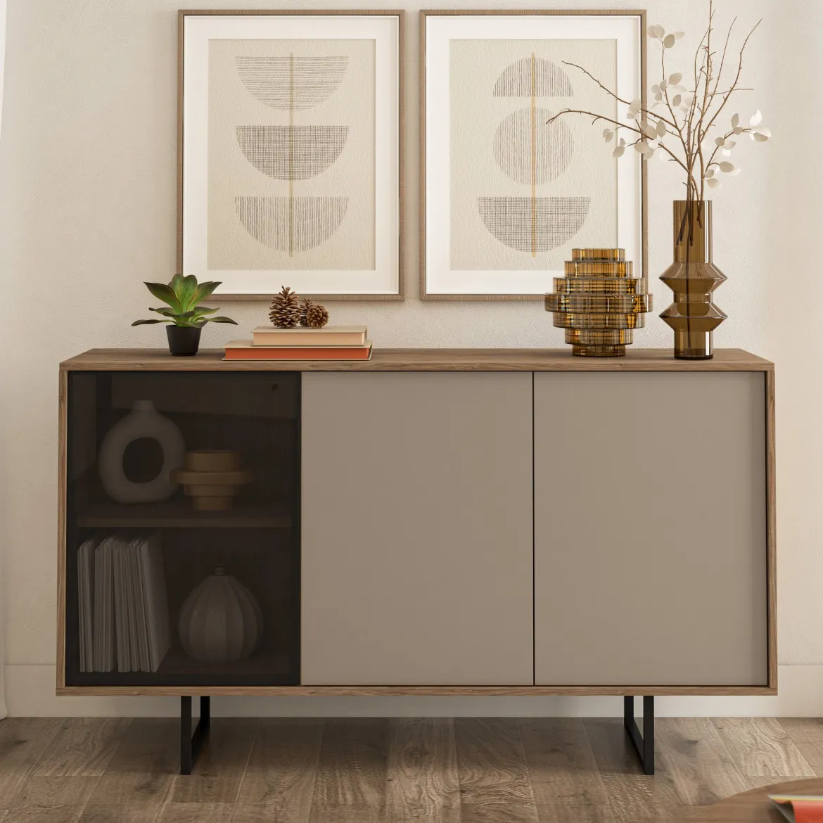 Credenza Marrone Noce Beige Cassetti 3 Ripiani 184x40x87h cm, Apertura Battente - Capena