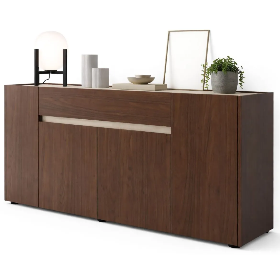 Credenza Marrone Noce Beige un Cassetto Apertura Battente, Scorrevole 170x40x85h cm, 4 Ante - Cirimido