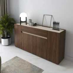 Credenza Marrone Noce Beige un Cassetto Apertura Battente, Scorrevole 170x40x85h cm, 4 Ante - Cirimido