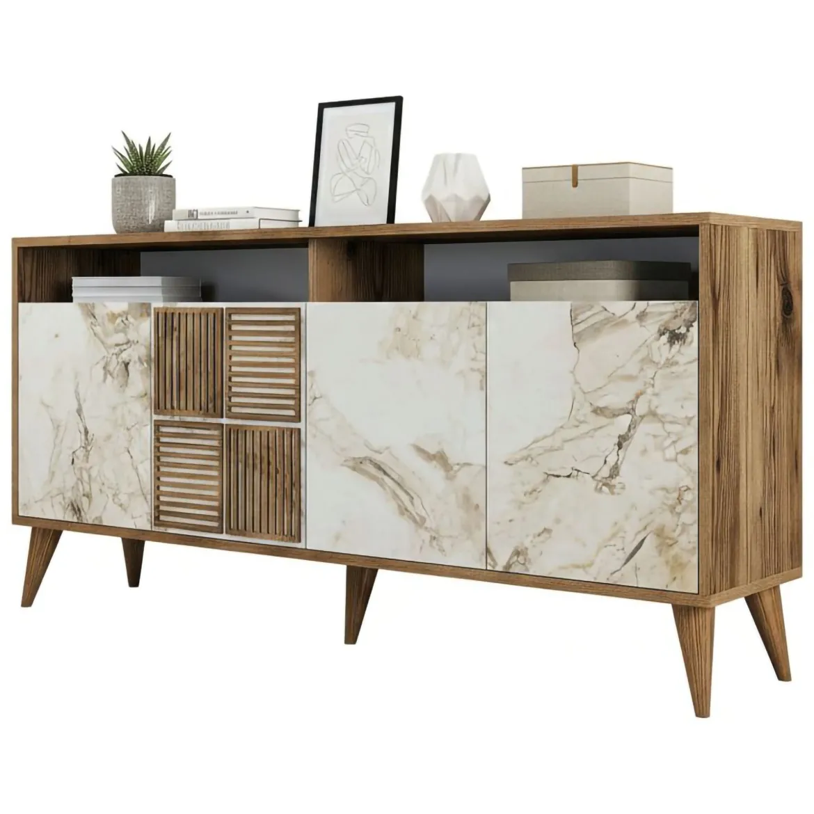 Credenza Marrone Noce Bianco Marmo Cassetti 2 Ripiani 160x35x78h cm, Apertura Battente - Benjamin